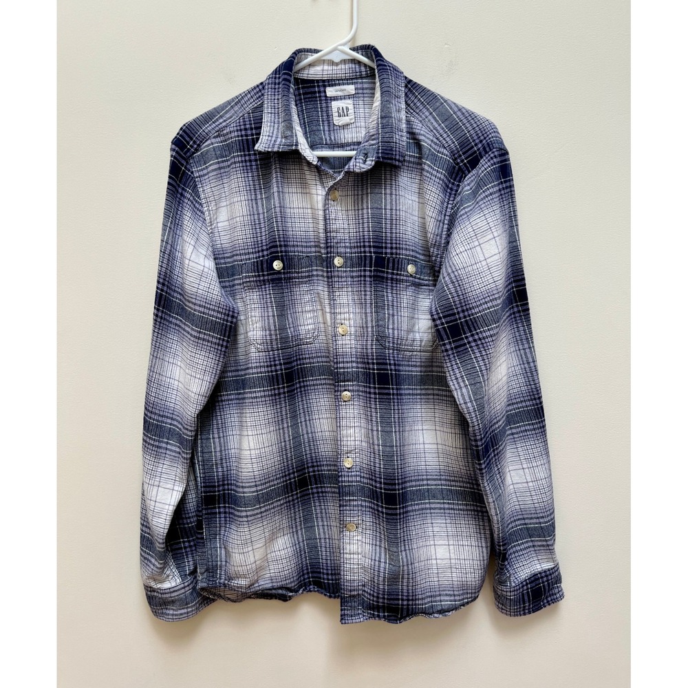 Gap Flannel Shirt Mens L Blue Plaid Untucked Button Down Long Sleeve Cotton